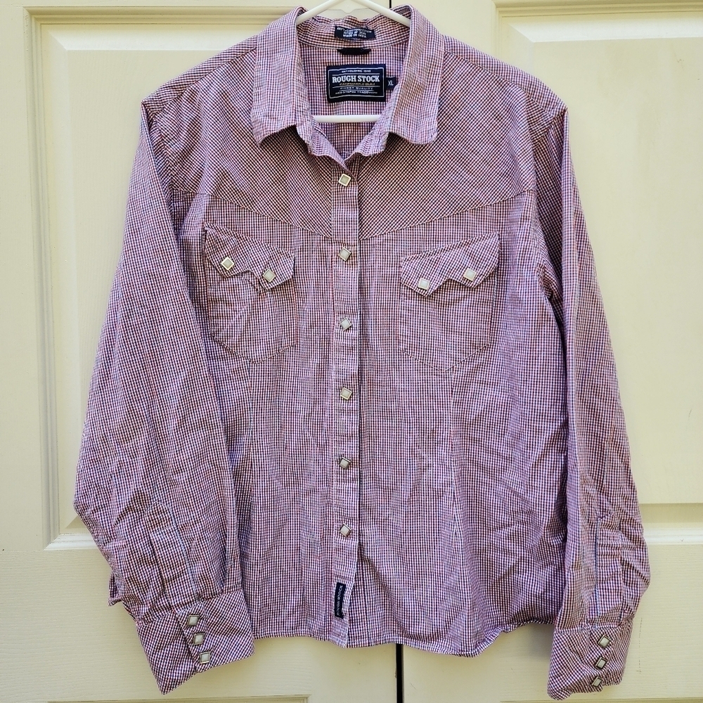 Rough Stock Western Shirt XL Red Blue Plaid Pearlized Snaps USA Patriotic EUC